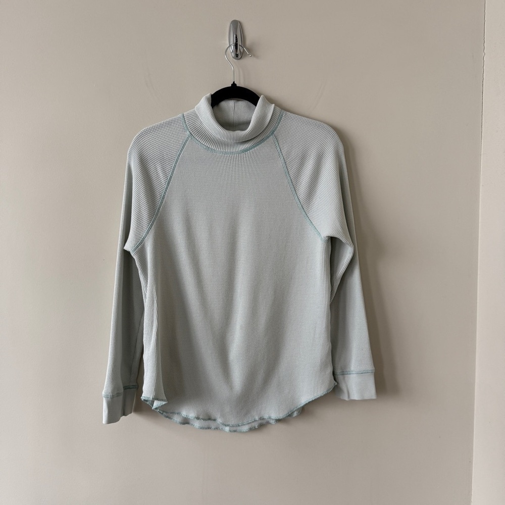 EVERLANE-Light Teal Waffle Knit Turtleneck Long Sleeve Top